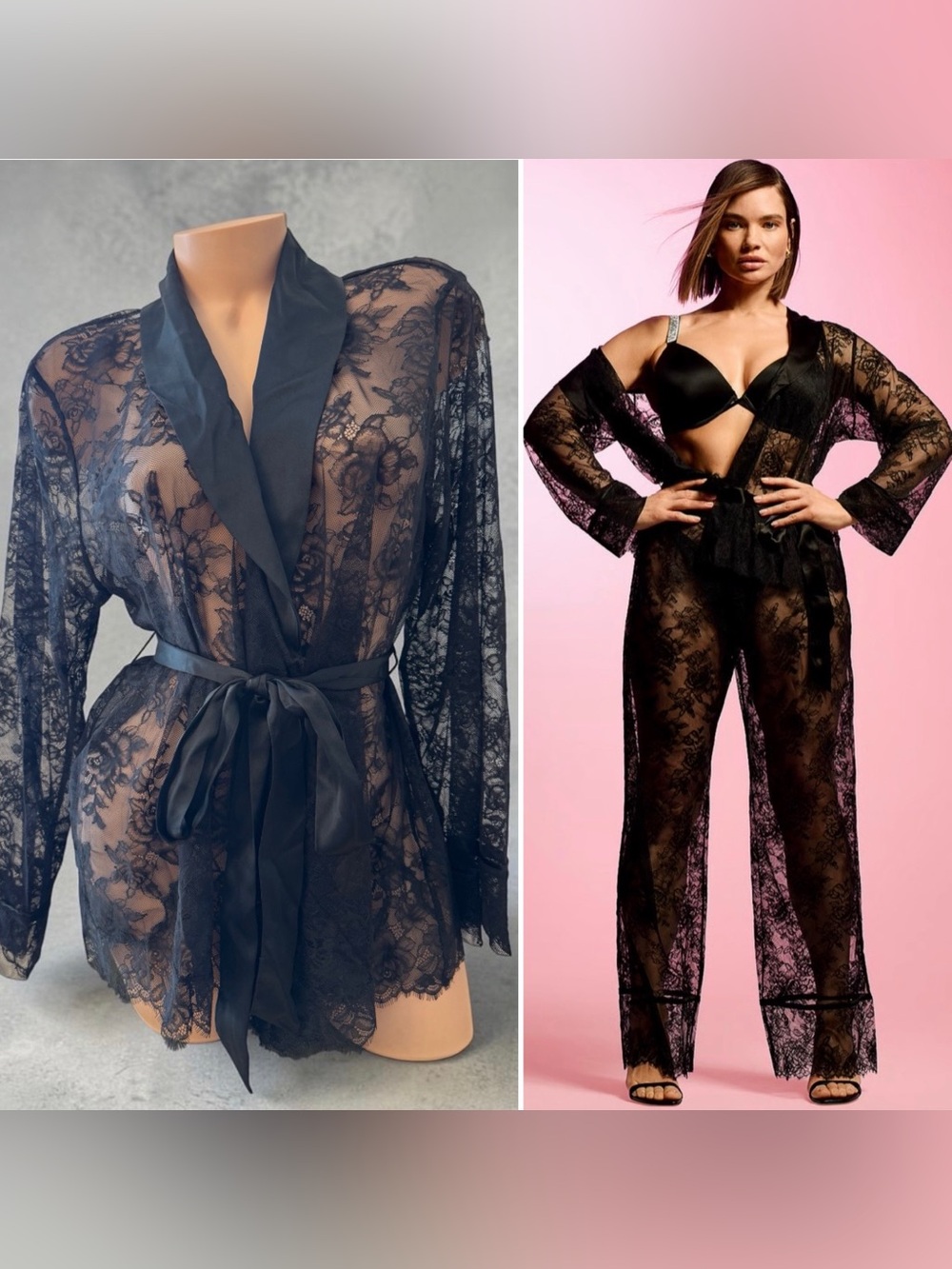 Victoria's Secret Luxury Rose Lace Long Pajama Nightwear Set Black XL
